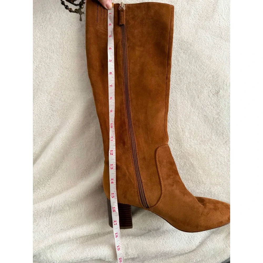 Vtg J. Crew Womens 7.5 Brown Boots Knee High Block Heel Faux Suede BT279